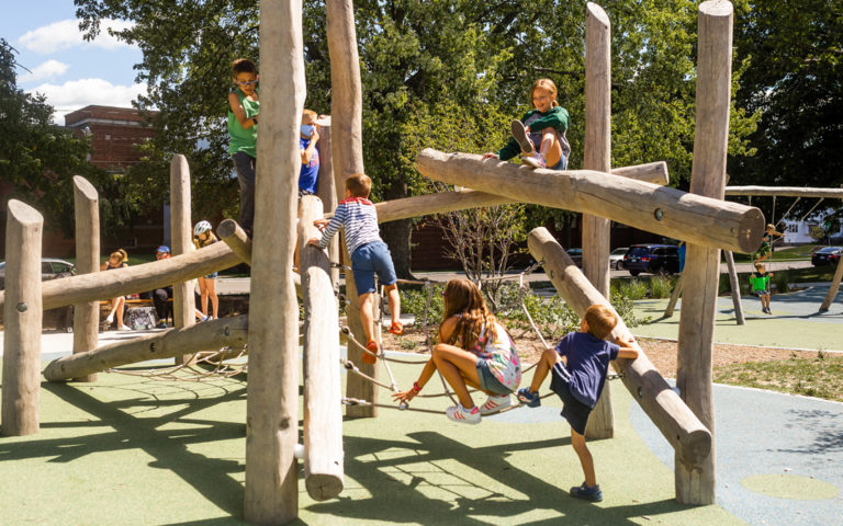 children play together on log jam at John Ball Zoo playground